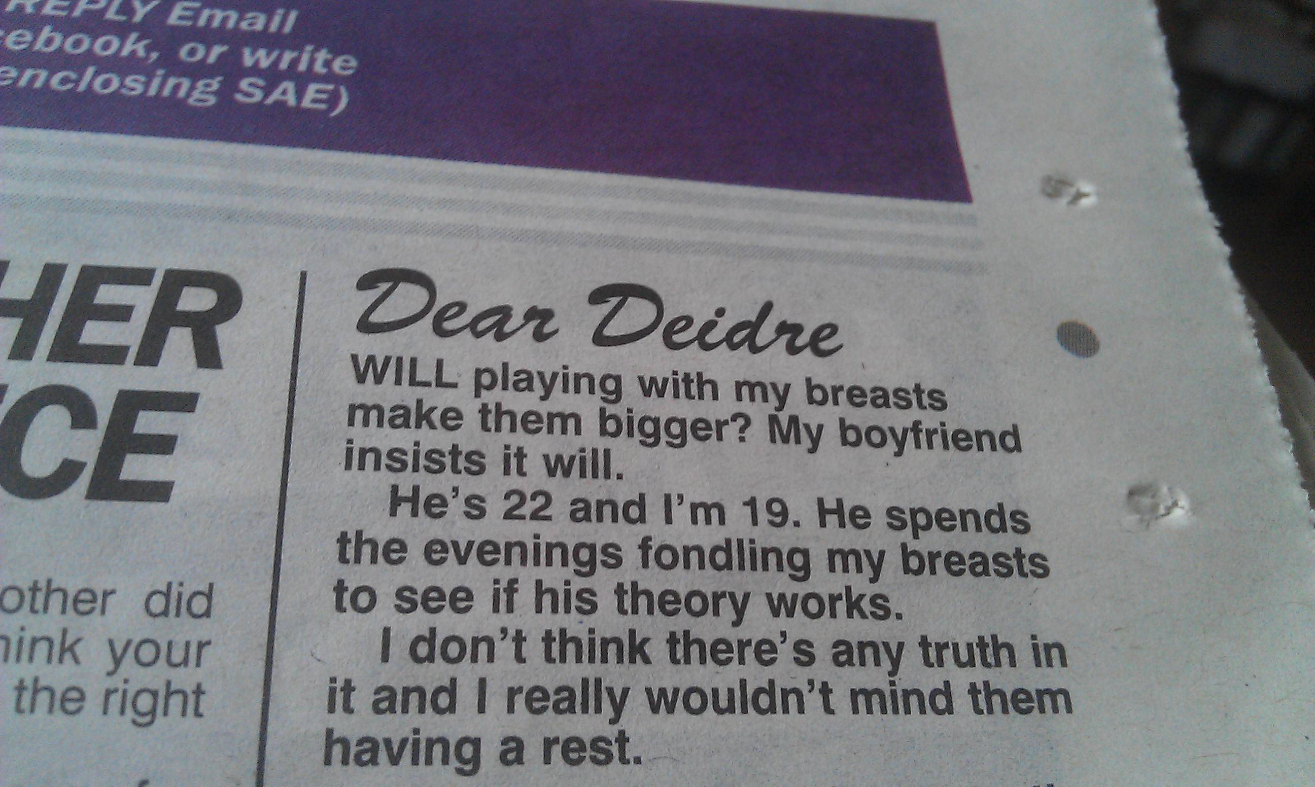 breasts, newspaper, dear deidre