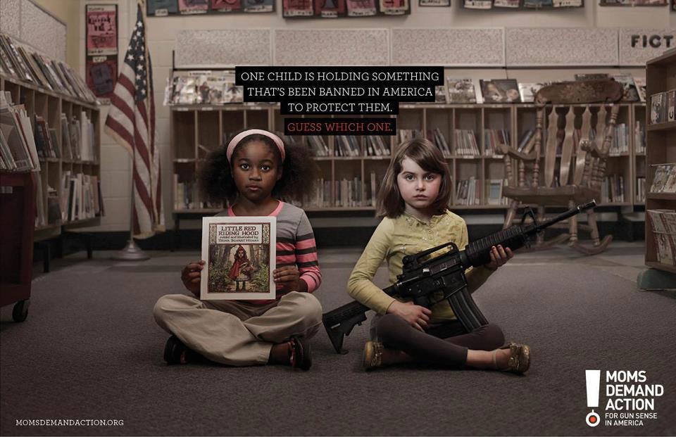 one child is holding something that's been banned to protect them, guess which one?, assault rifle, little red riding hood