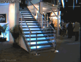 guy falls down the stairs and acts like nothing happened, like a boss