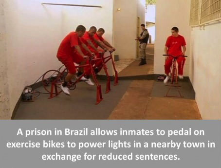 a prison in brazil allows inmates to pedal exercise bikes to power lights in a nearby town in exchange for reduced sentences