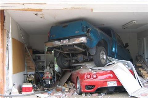 car, pick up truck, parking garage, accident, fail