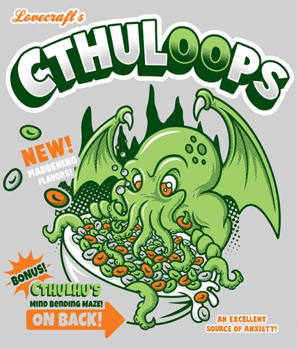 lovecrafts' cthuloops cereal, new maddening flavours, bonus mind bending maze on back, parody, an excellent source of anxiety, cthulhu