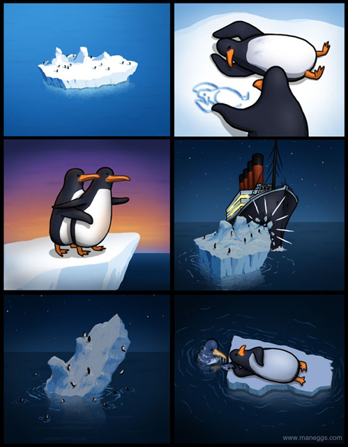 titanic, comic, penguins, reverse, sink