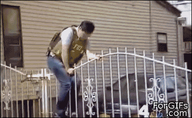 fbi agent jumps a fence and then it opens, wtf, fail