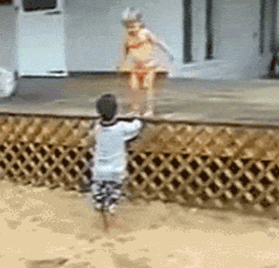 kid tries to catch sister and gets flattened, lol, fail