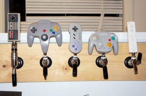 nintendo, beer tap, controllers, remotes