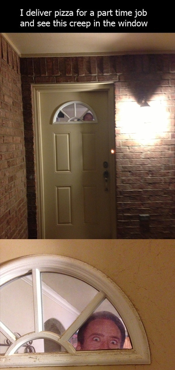 pizza delivery, nicolas cage, window