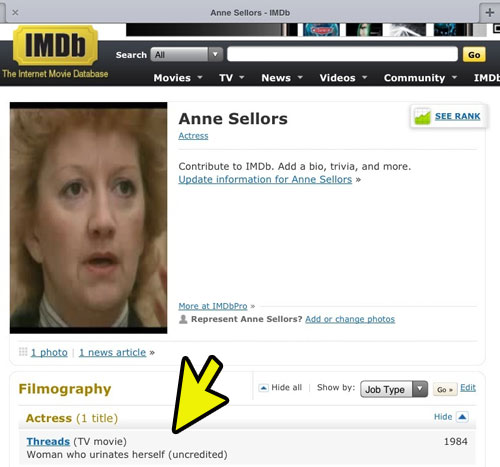 worst movie credit ever, anne sellers, woman who urinates herself, imdb