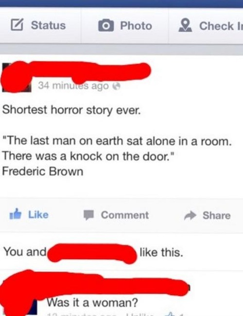 facebook, horror story, last man, woman, comment