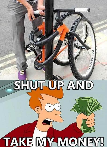 fry, futurama, shut up and take my money, bicycle, lock, product