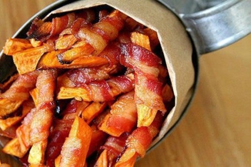 sweet potato bacon fries, food, win