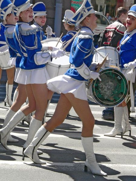 women, skirt, marching band, drum, happy