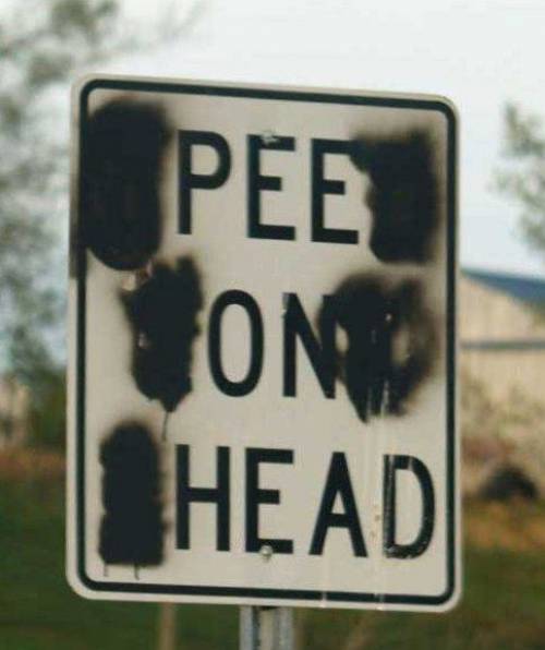sign, hacked irl, pee on head, graffiti