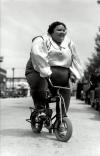 fat woman, bicycle, wtf, black and white