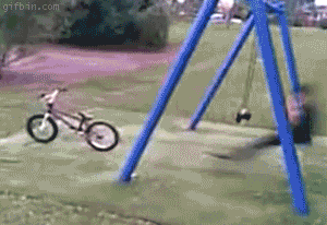 kid does back flip off swing onto a bicycle, win