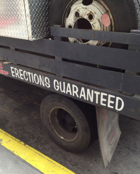 erection guaranteeds, truck, wtf, label, writing