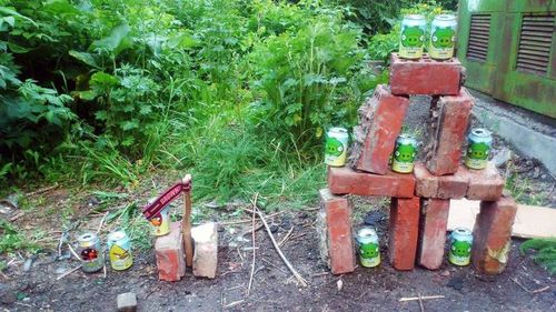 angry birds irl, in real life, bricks, can, product