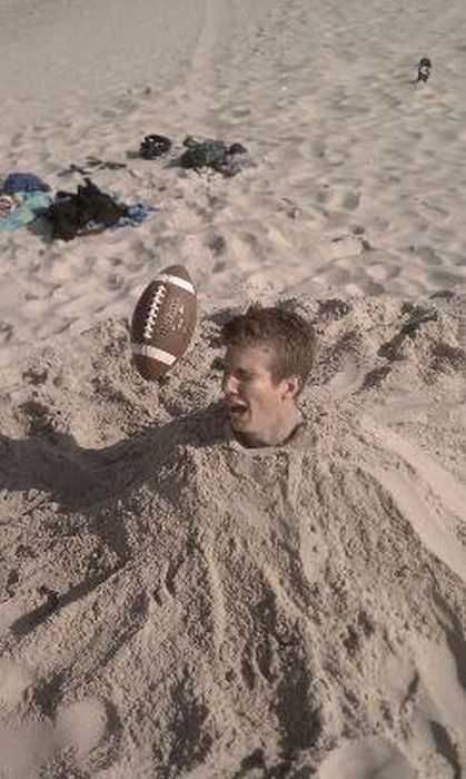 sand, buried, football, timing
