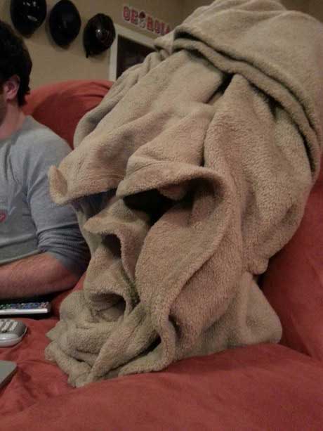 folded towel on couch looks like an alien face, wtf, coincidence