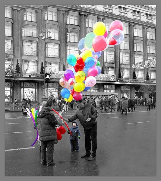 balloons, color, black and white