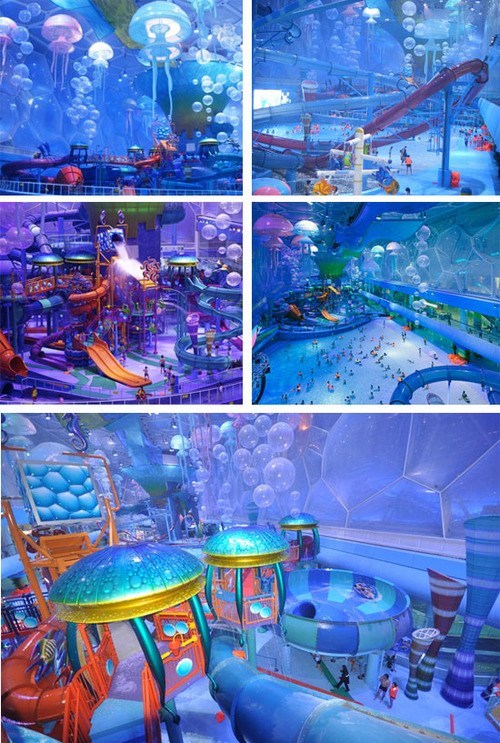 the trippyest indoor water park ever, wave pool, water slide, multicolor