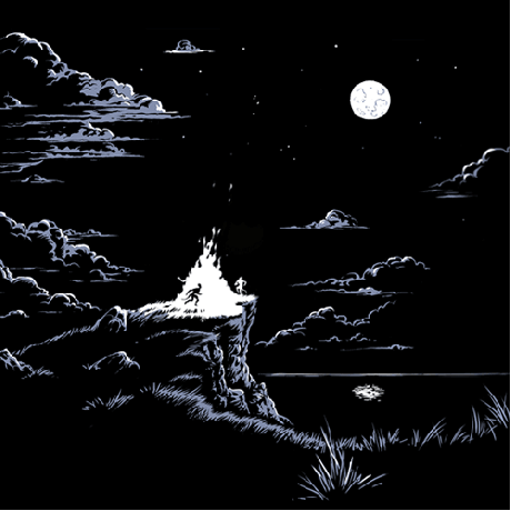 tribe dances around a bonfire under the moon, perfectly looped gif