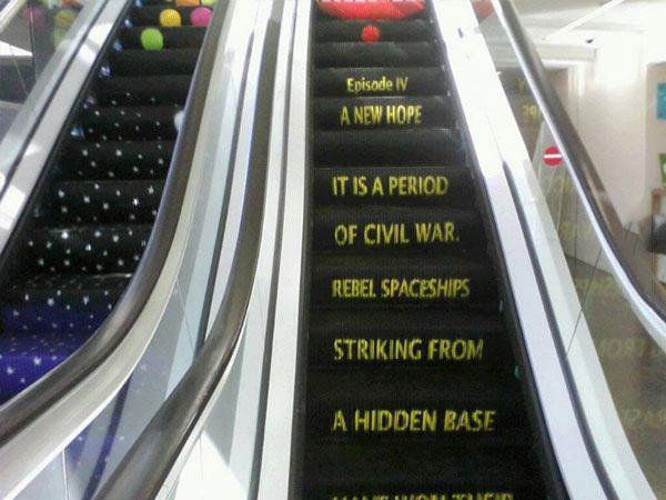 escalator, star wars, vertical marquee text