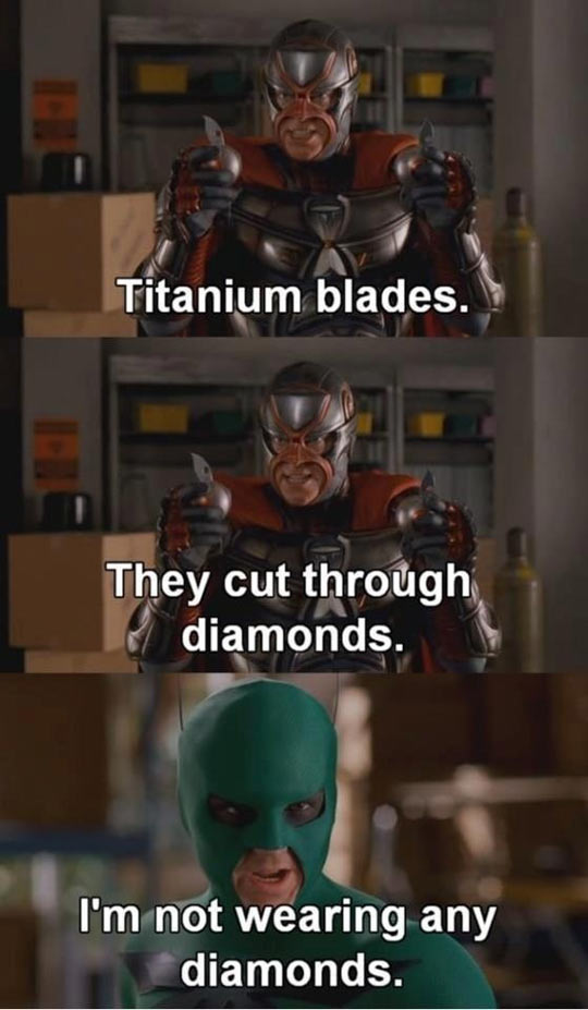 titanium blades, diamonds, comic, super hero come back