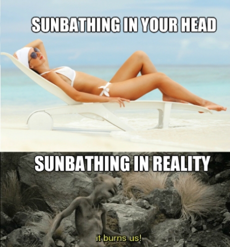 sunbathing, expectation, reality, golem, it burns us, meme