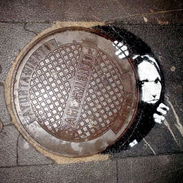 street art, sewer cover, girl