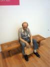 art, sculpture, real looking, man, bench, brown paper bag