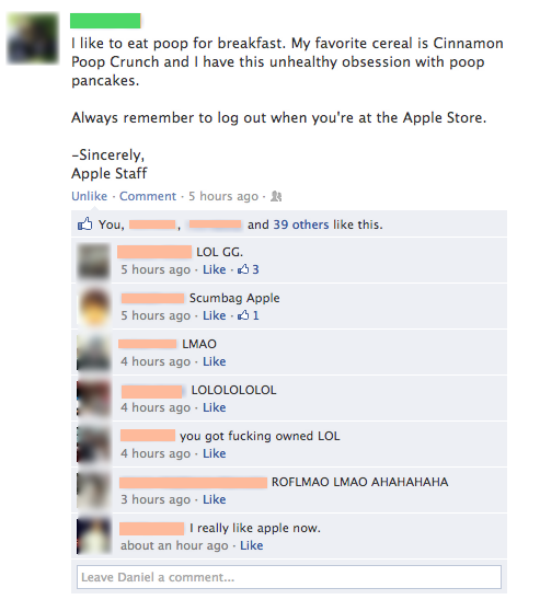 facebook, apple store, poop, troll
