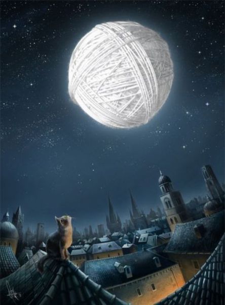 cat, moon, ball of yarn, art