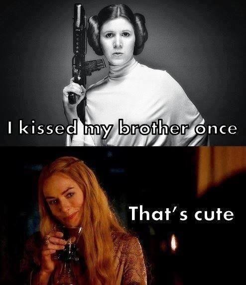 princess leia, star wars, game of thrones, cersei lannister, kiss, brother, meme