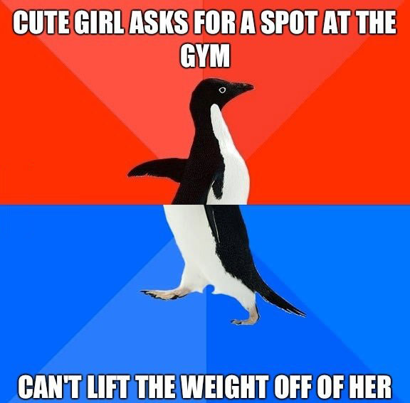 cute girl, gym, spot, lift, fail, socially awkward penguin