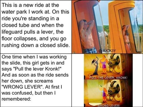 pull the lever kronk, cartoon, story, theme park, water slide