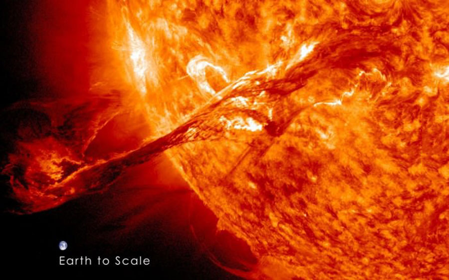 earth to scale, sun, star, solar flare