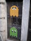 pacman, knitting, window grate, ghosts, yellow, green