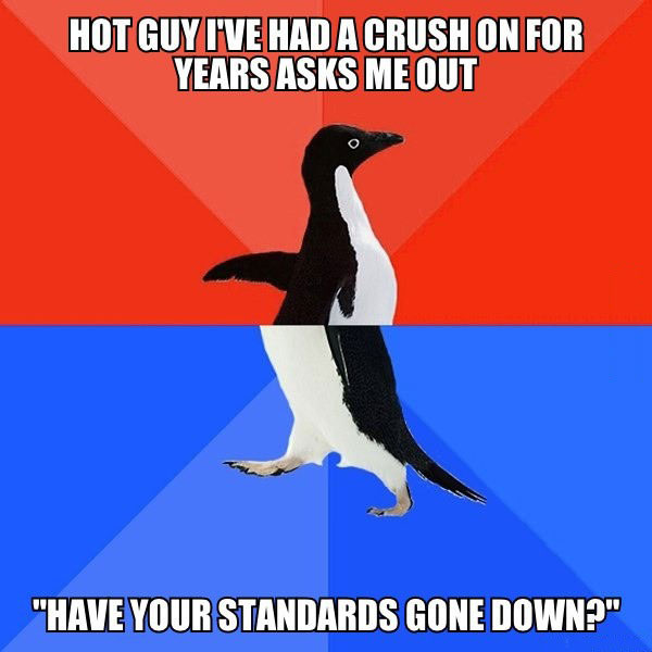 socially awkward penguin, meme, crush, asked out, standards gone down?