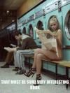 interesting book, laundromat, naked woman, newspaper, sexy