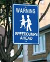warning, speed bumps ahead, road sign, school children