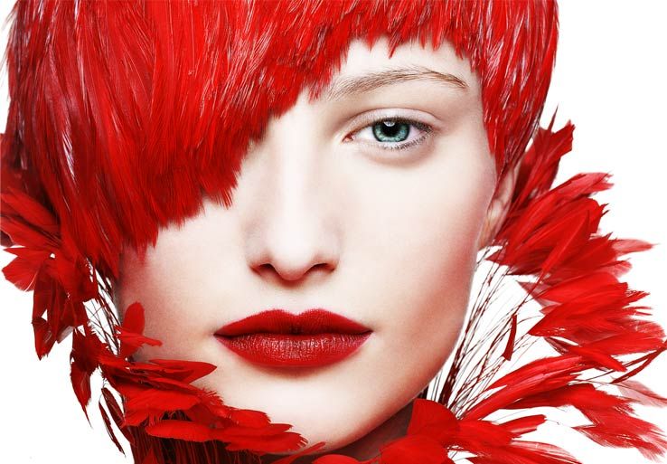 model, red hair, feathers