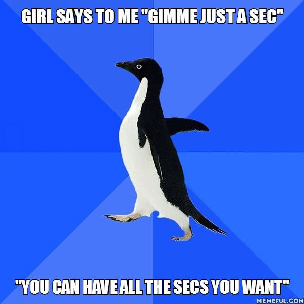 socially awkward penguin, gimme a sec, you can have all the secs you want