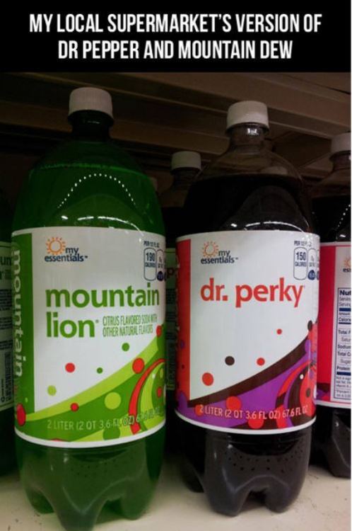soda, knock off, mountain lion, dr perky, dr pepper, mountain dew