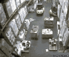 just some guy having the worst first day of work possible, storage shelves collapse on top of fork lift, fail