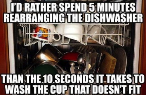 i'd rather spend 5 minutes rearranging the dishwasher, than the 10 seconds it takes to wash the cup that doesn't fit, laziness, meme