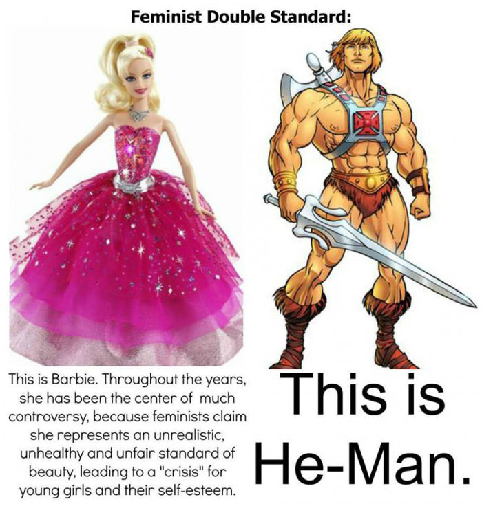 feminist double standard, barbie, he man, men, women