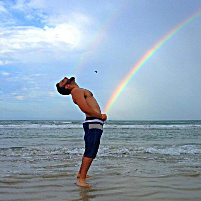 pissing a rainbow, beach, water, perspective