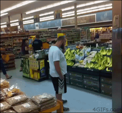 grocery store, banana, jump kick, wtf, gif