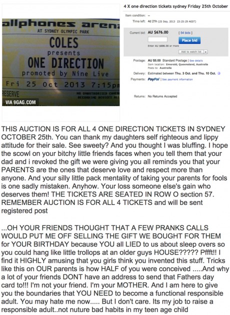 parents, one direction tickets, troll, punishment, ouch